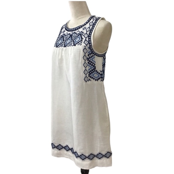 Lucky Brand Boho Blue Embroidered White Cotton Linen Blend Shift Dress Sz Small - Picture 8 of 12